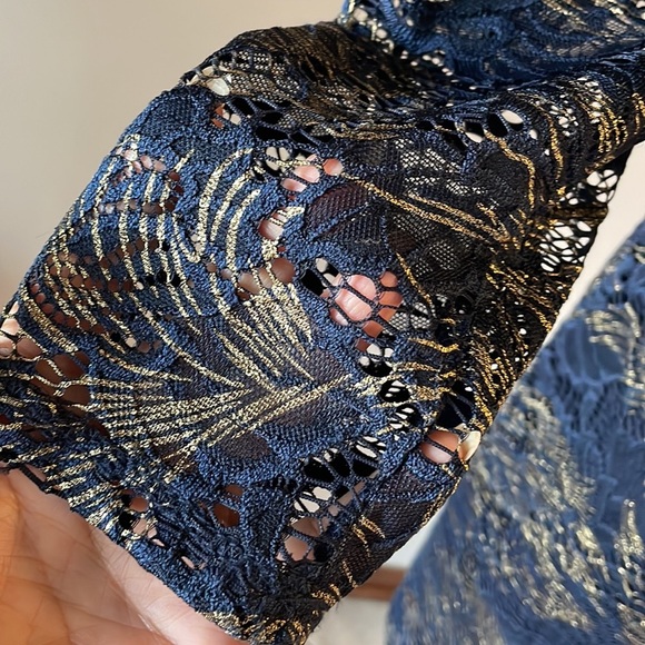 Marina cocktail stretch lace foil dress STATEMENT sheer BACK sheath navy gold L - Picture 8 of 16